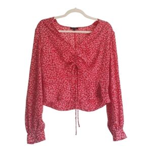 💙3/$25💙‎ Dynamite Red/White Long Sleeve V-Neck Floral Blouse ,Boho